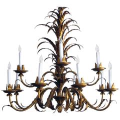 Large-Scaled Italian, 1960s Two-Tier Twelve-Light Gilt-Tole Foliate Chandelier 12