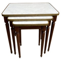 Set 3 tavolini vintage francesi MARMO BIANCO Mogano Luigi XVI Maison Jansen