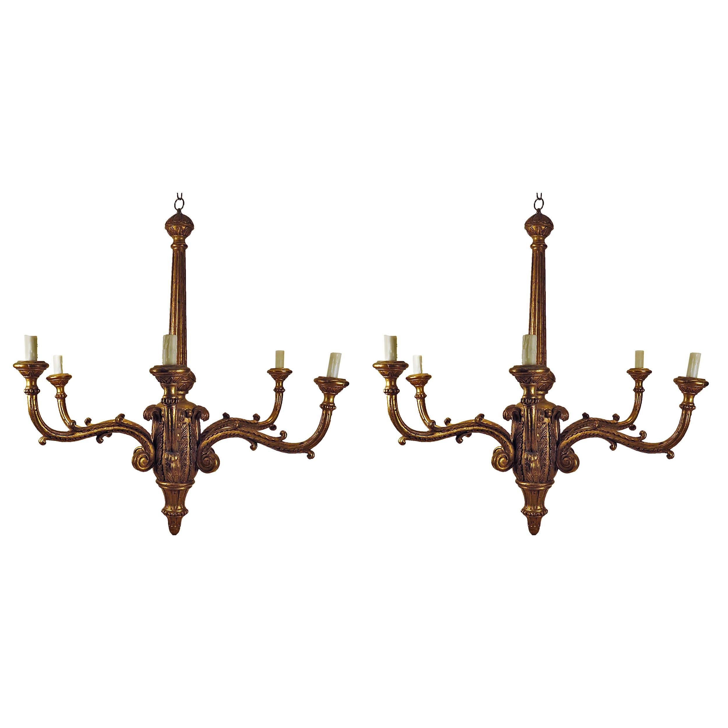 Two Similar Large Belle Époque Gilt wood Chandeliers, Italy, 1910