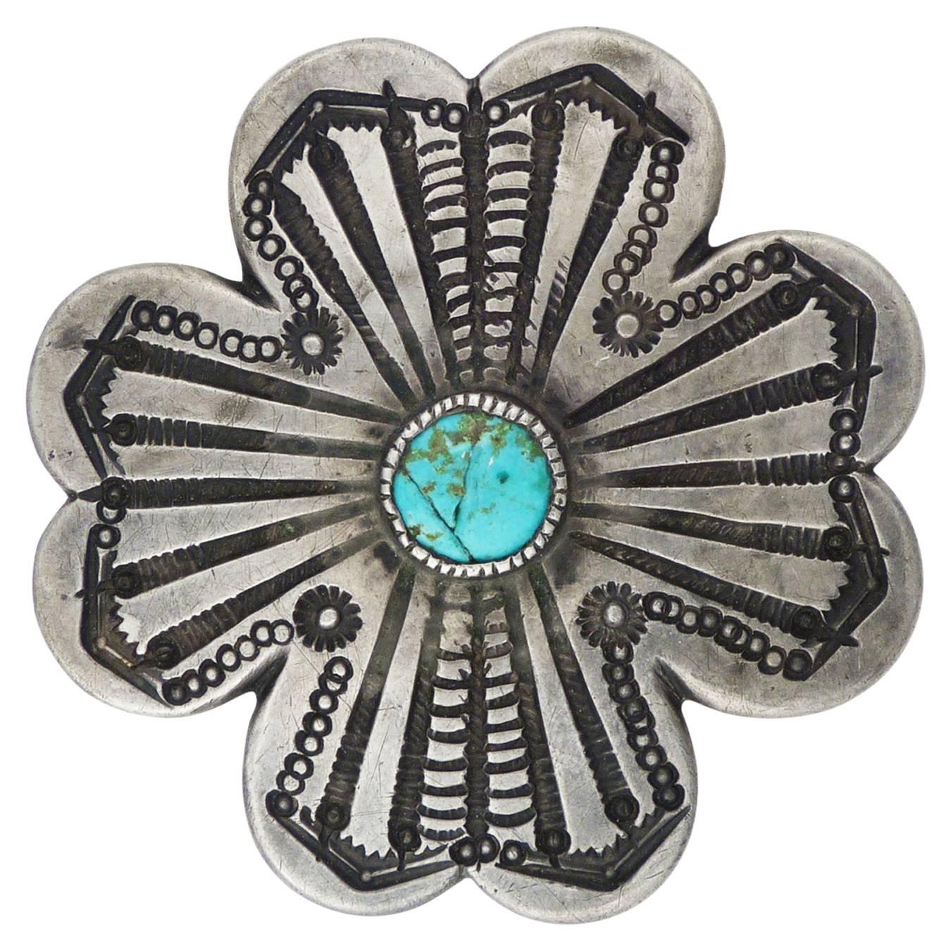 Stamped Silver Four-Petal Button with Turquoise Stone, circa 1890 For Sale