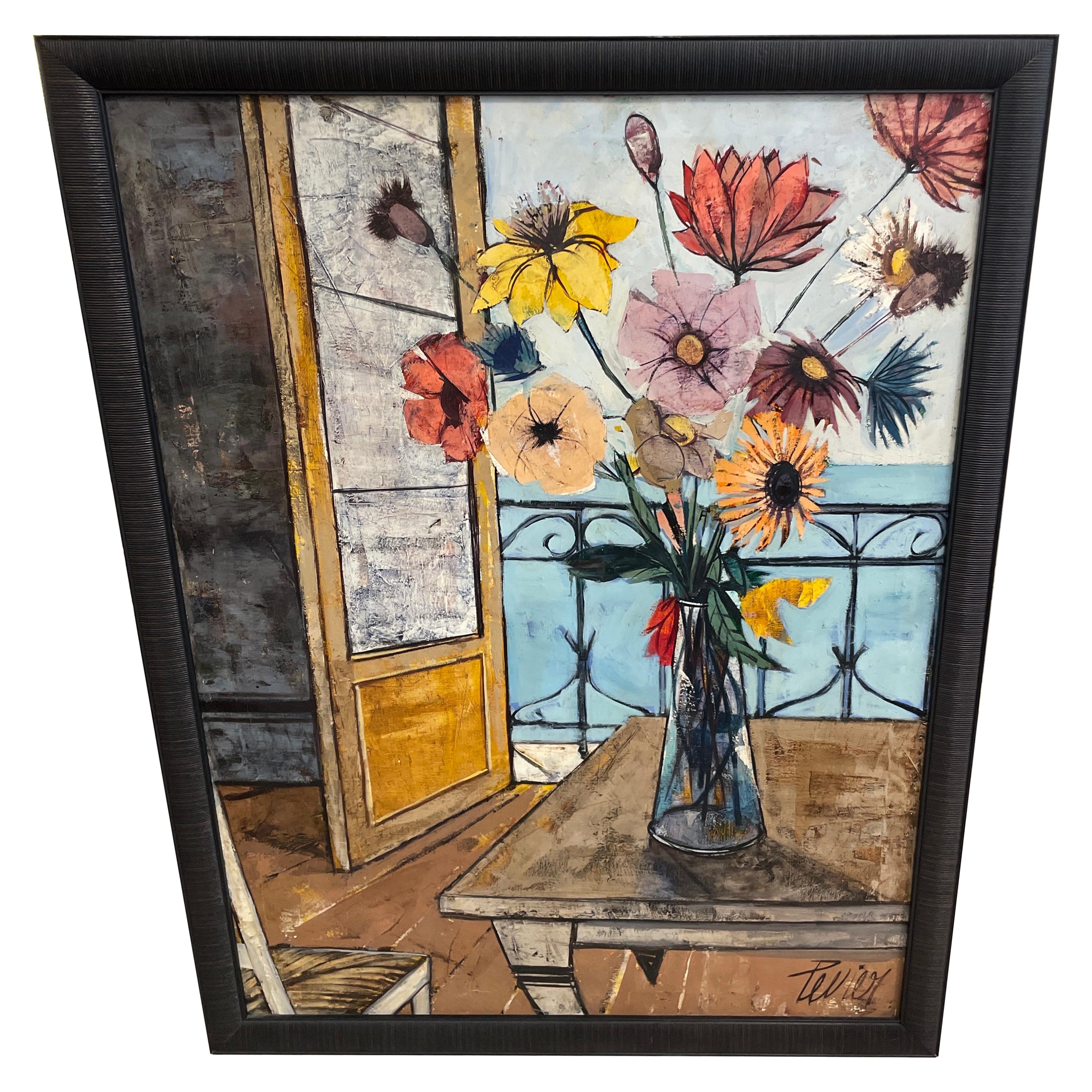 Original Still Life oil painting of Flowers in a Window by Charles Levier