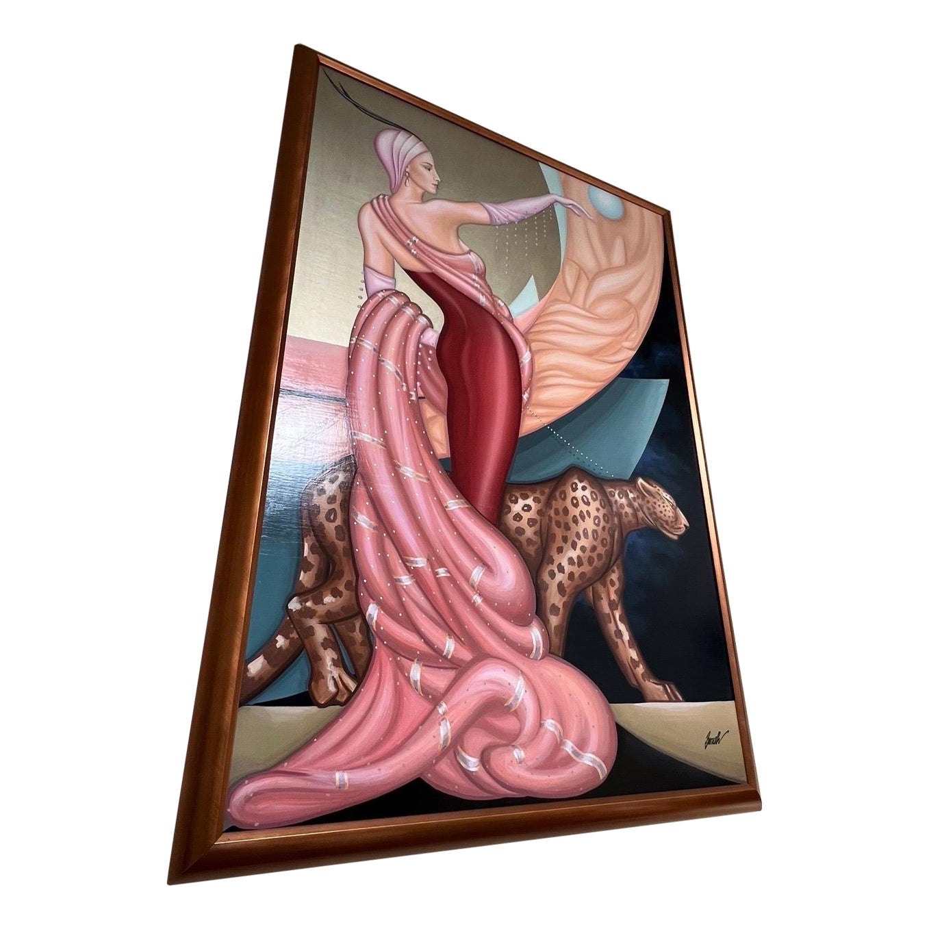 Art Deco Style Woman with a Leopard Original Painting on Panel by Istvan Bernath