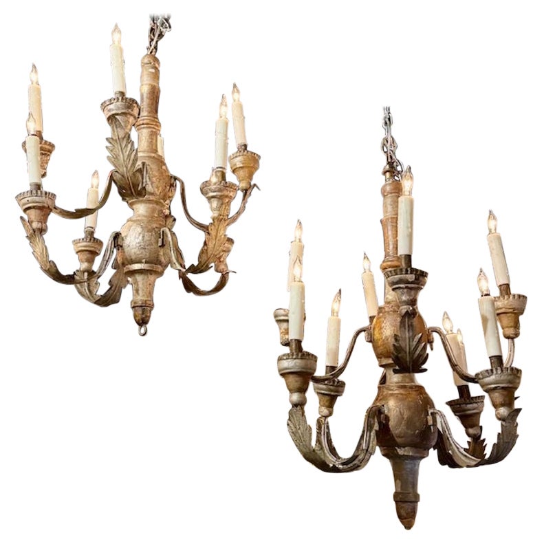 Pair of Italian Silver Gilt Wood Chandeliers