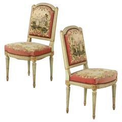 19th Century Pair of French Louis XVI Style Side Chairs in Green Paint