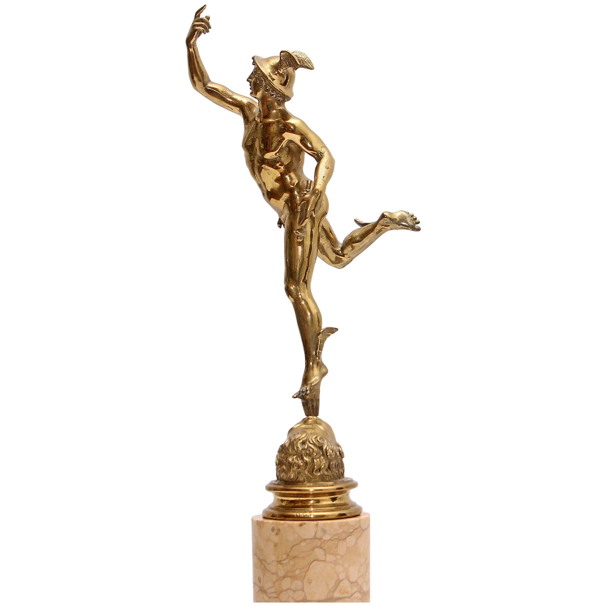 Figure of Winged Mercury Polished Brass on Marble Plinth