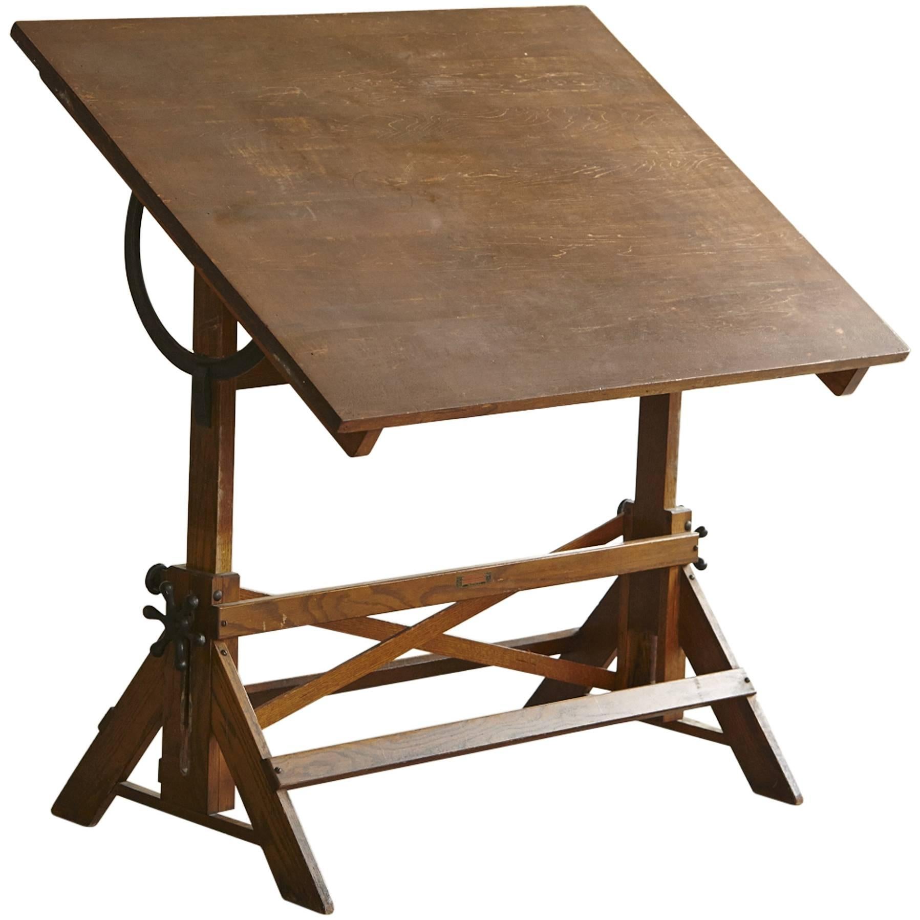 Antique Industrial American Oak Drafting Table