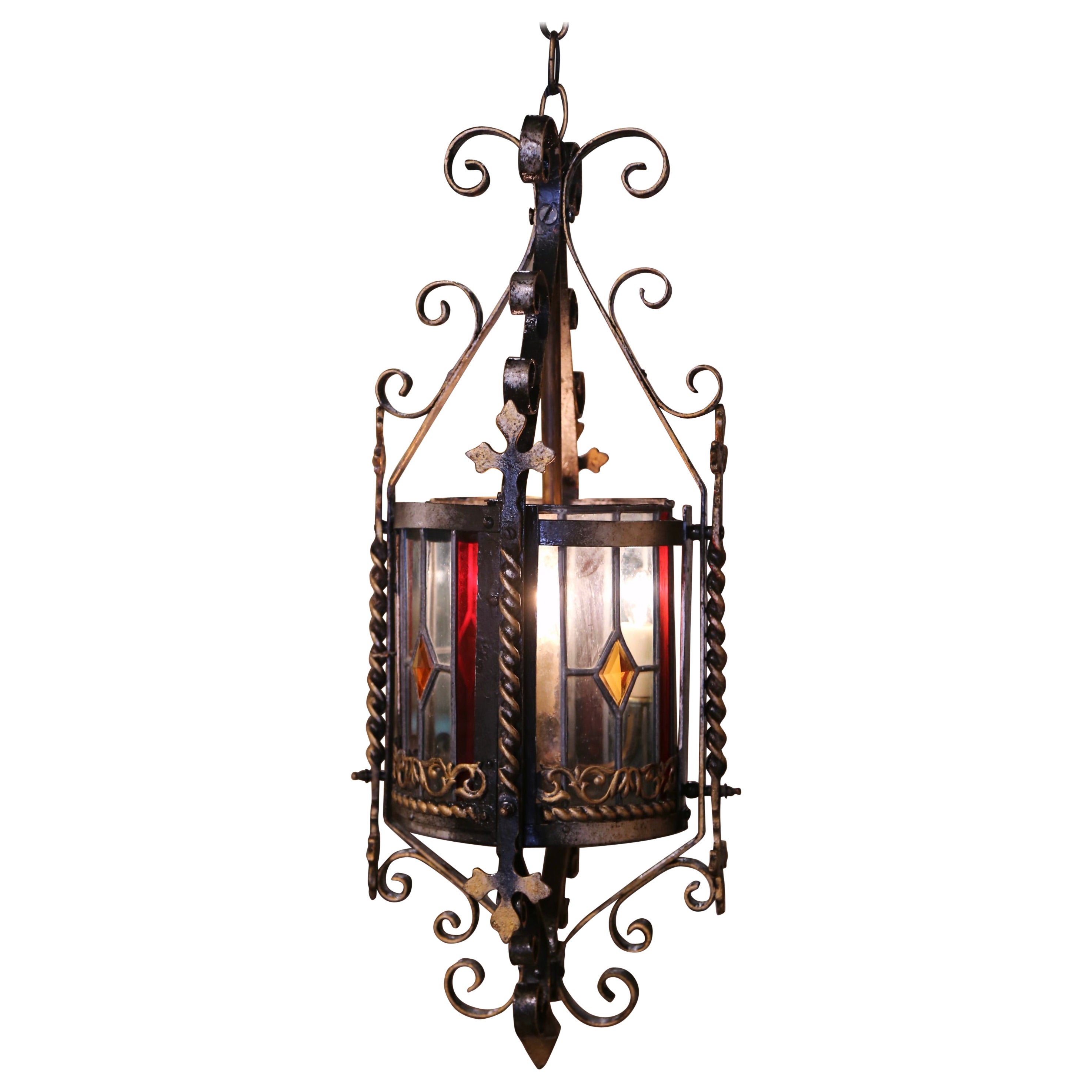 19th Century French Napoleon III Round Iron Lantern with Stained Glass Panels