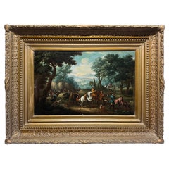 Antique 18th C, French School of Desportes "Hunting Party in Landscape" Oil On Canvas