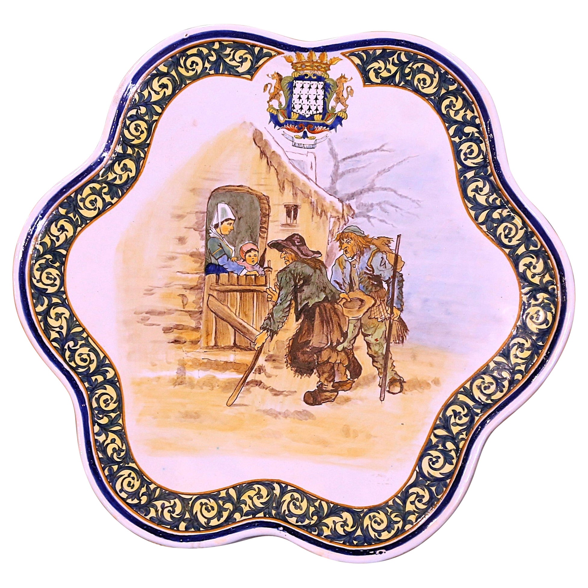 Grande piatto da portata francese del XIX secolo in faience dipinto Beau Quimper