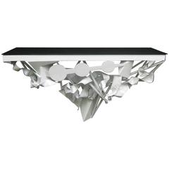 Playful Wall Mounted Console in White Lacquered Steel and Black Glass