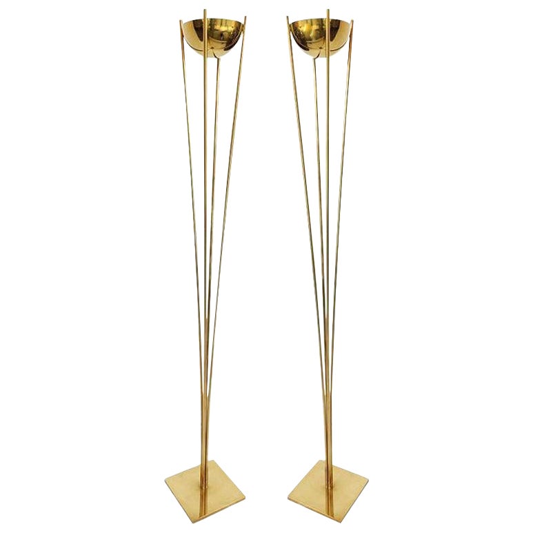 Pair of Custom Brass Torcheres Floor Lamps