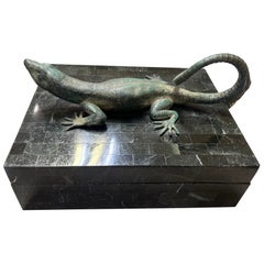 Vintage Maitland Smith tessellated stone box with bronze figural lizard handle