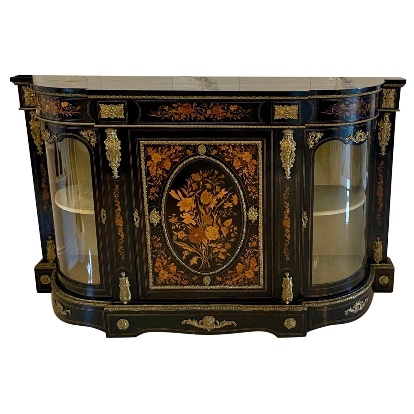 Outstanding Quality Antique Ebonised and Inlaid Floral Marquetry Credenza