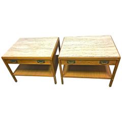 End Table Pair in Walnut, Travertine, Cane and Brass by Gerry Zanck of Gregori