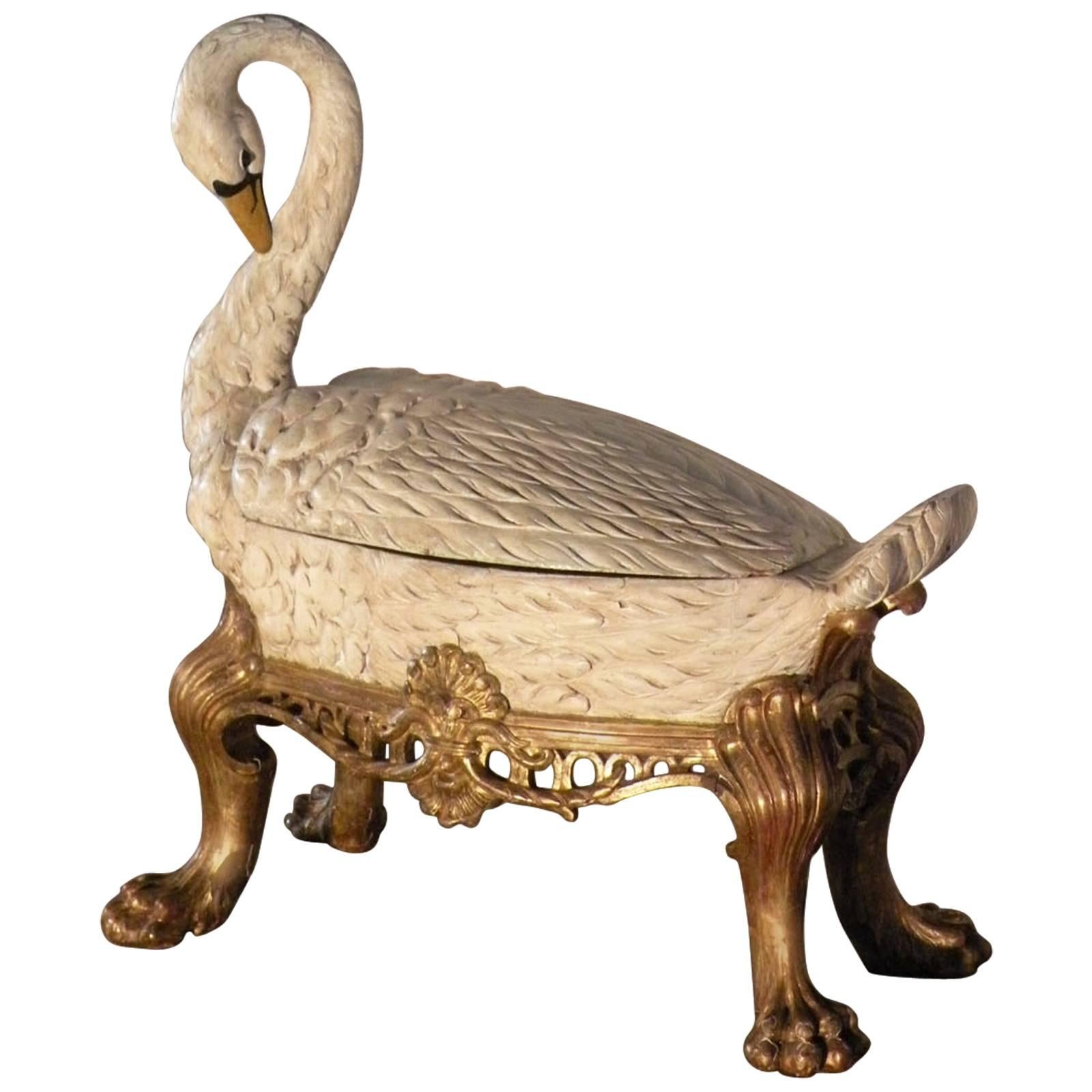 18th Century Rococo German Painted and Gilt Wine Cooler in the Form of a Swan  For Sale