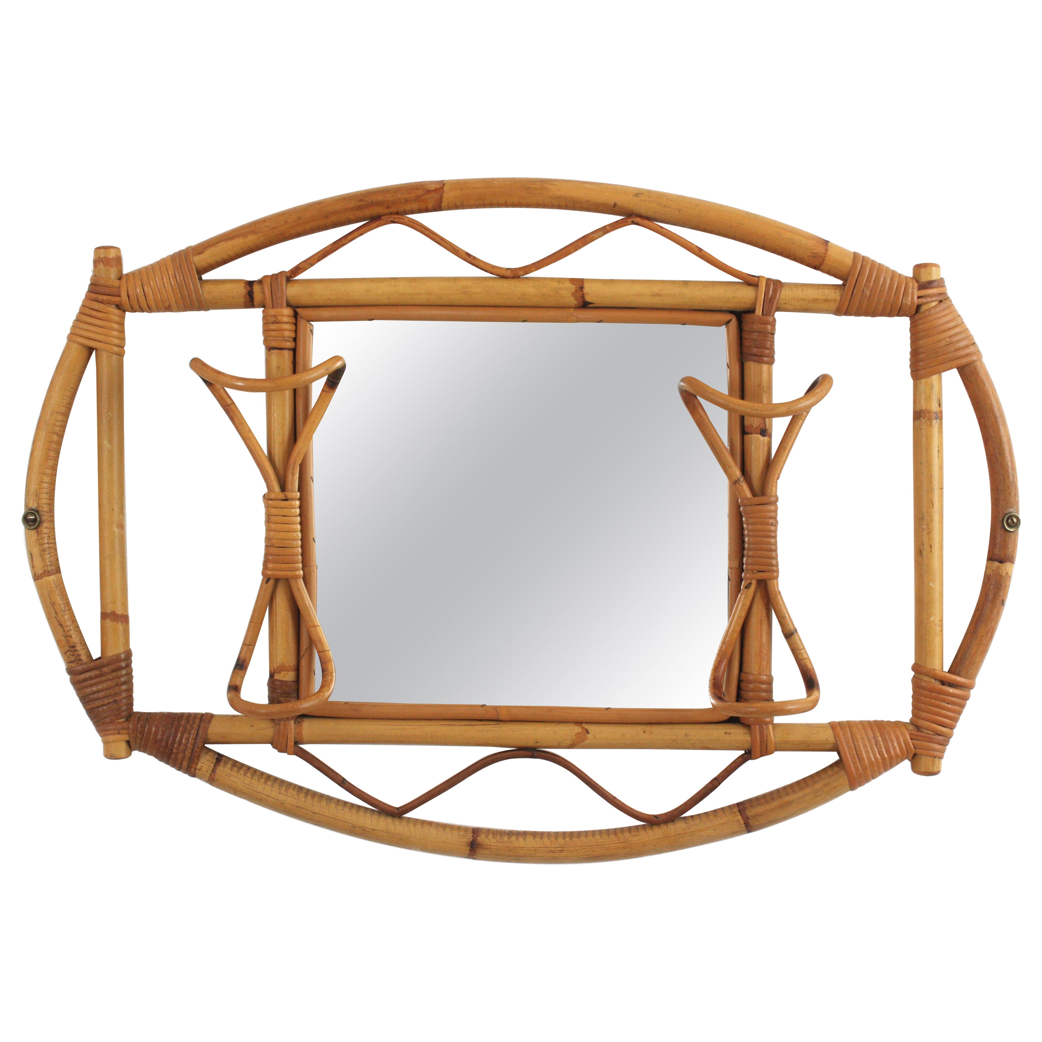 Italian Midcentury Rattan and Bamboo Wall Mirror with Hooks / Coat Rack, 1960s