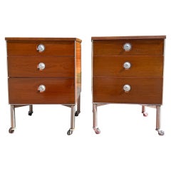 A pair 1950s Raymond Loewy Industrial Rolling 3 Drawer Nightstands or End Tables