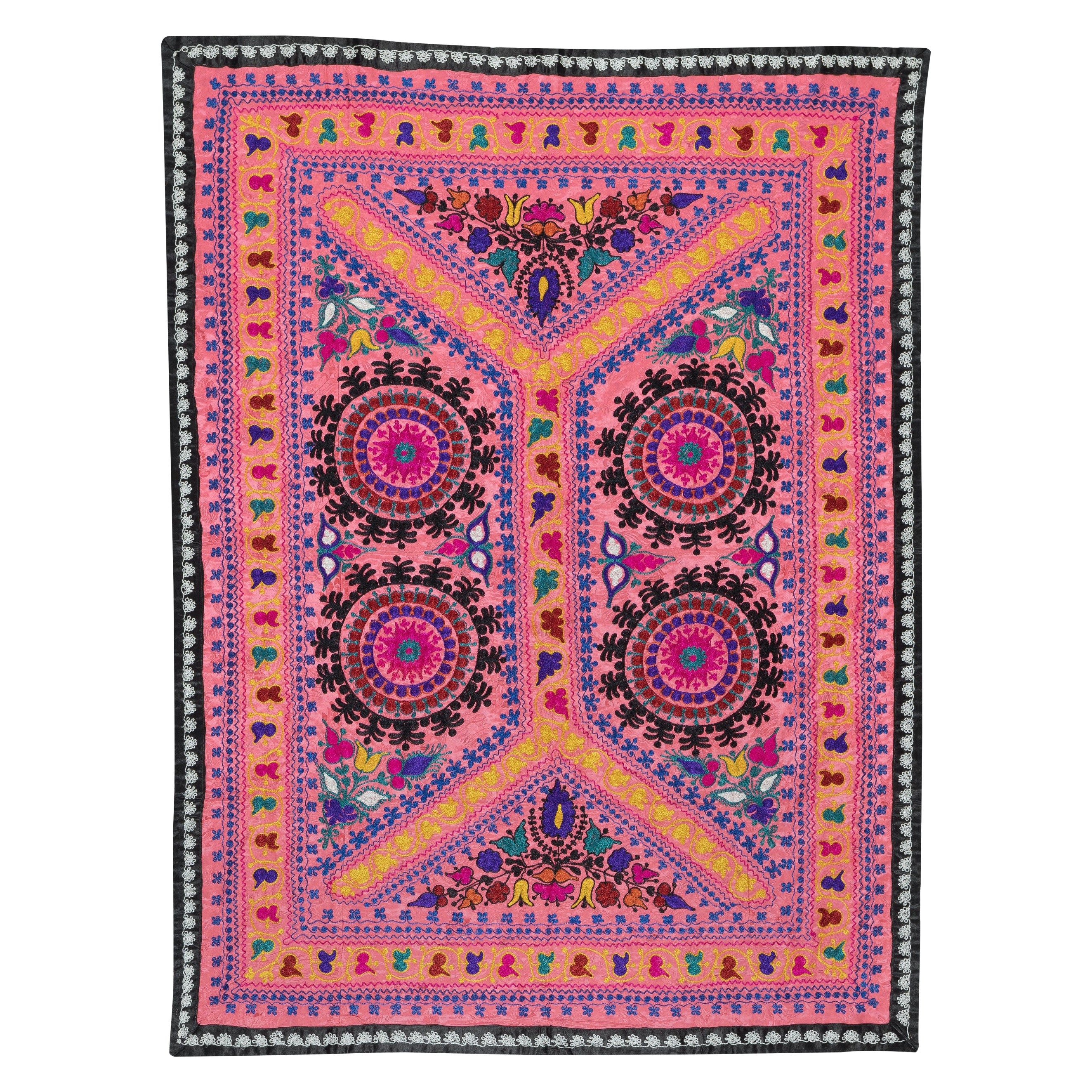 4x5.4 Ft Embroidered Silk Cotton Wall Hanging. Pink Bed Cover. Modern Tablecloth