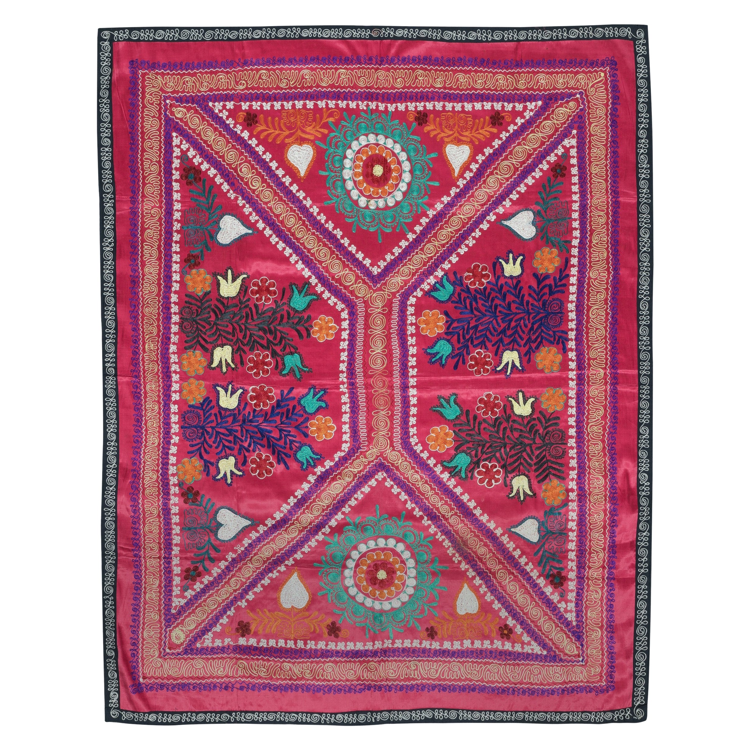 Suspension murale en soie et coton brodée de 4,3 x 5,5 pieds. Couvercle de lit rouge. Nouvelle nappe
