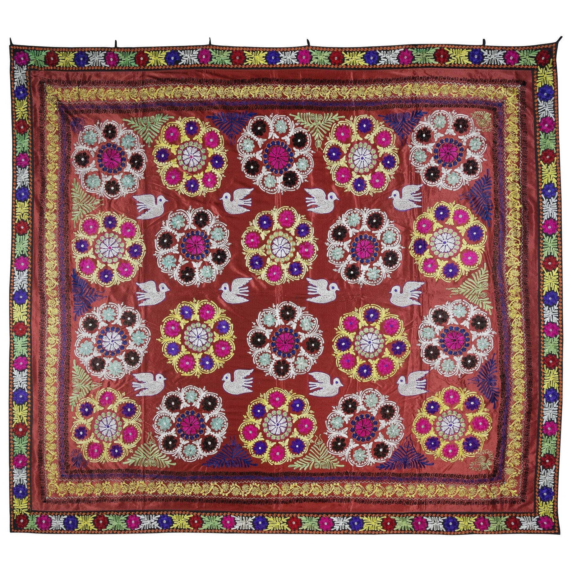 9x10,2 Pies Magnífico Bordado de Seda Colgante de Pared. Cubrecama Grande Rojo Oscuro