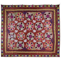 9x10,2 Pies Magnífico Bordado de Seda Colgante de Pared. Cubrecama Grande Rojo Oscuro