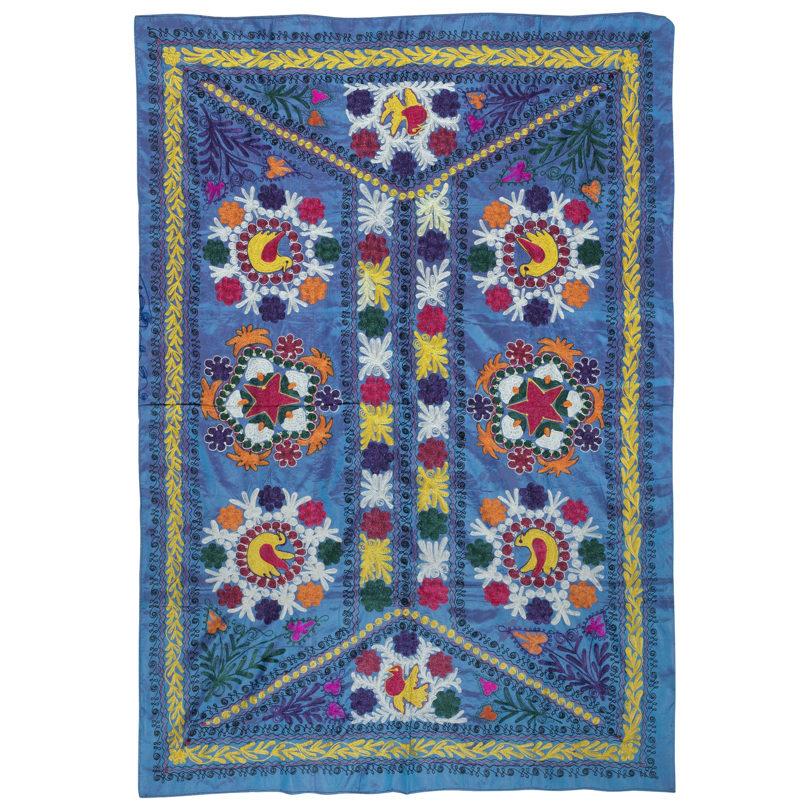 Suspension murale en soie et coton brodée de 4,2 x 6 pieds. Couverture de lit bleue. Nouvelle nappe