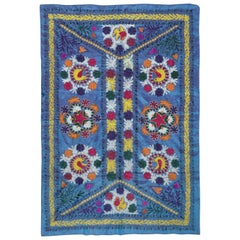 Colgante de pared de seda y algodón bordado de 4,2 x 6 pies. Cubrecama azul. Mantel nuevo