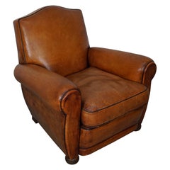Vintage French Moustache Back Cognac-Colored Leather Club Chair