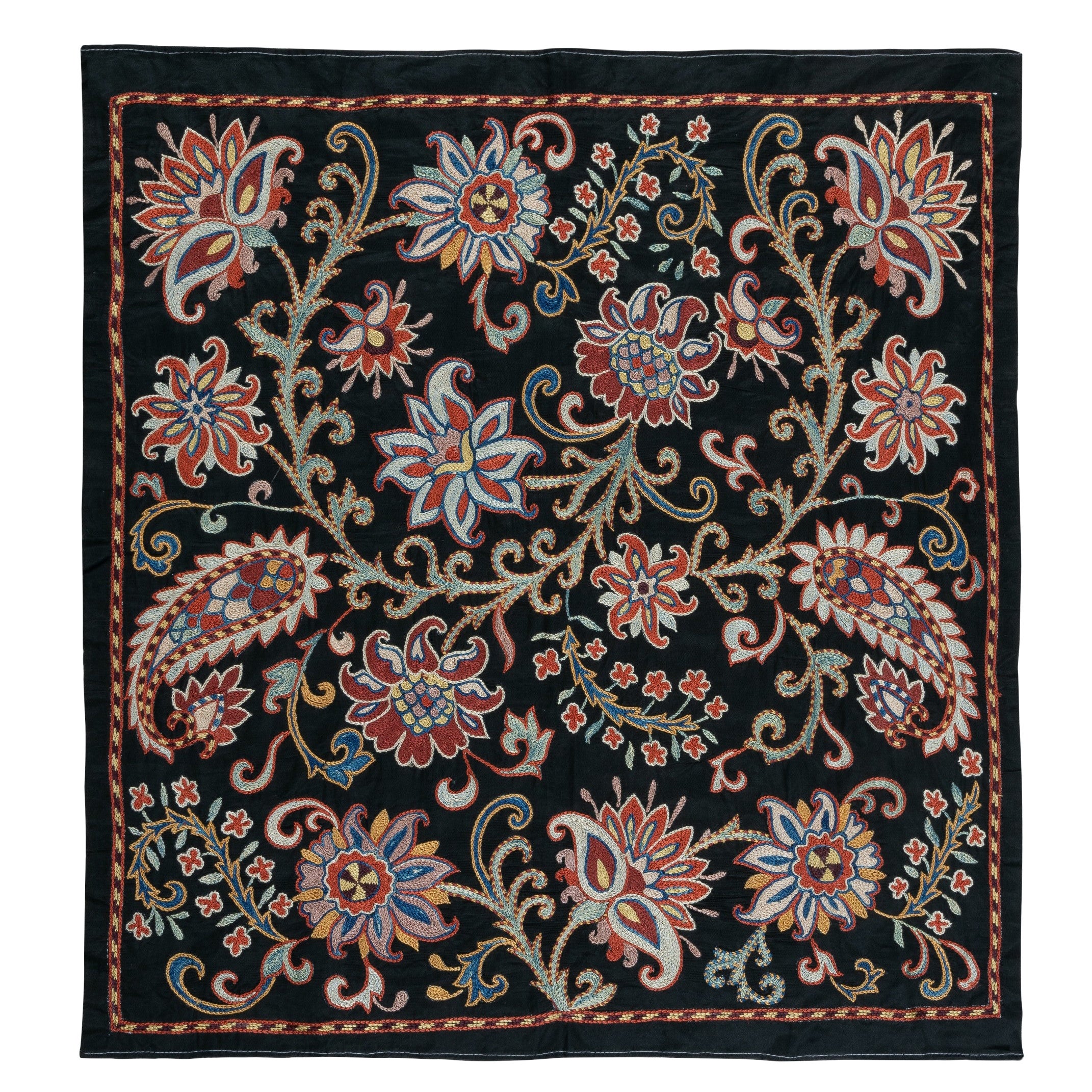 Colgante de Pared Bordado 100% Seda 29x30 pulg., Mantel Bohemio, Colcha Negra