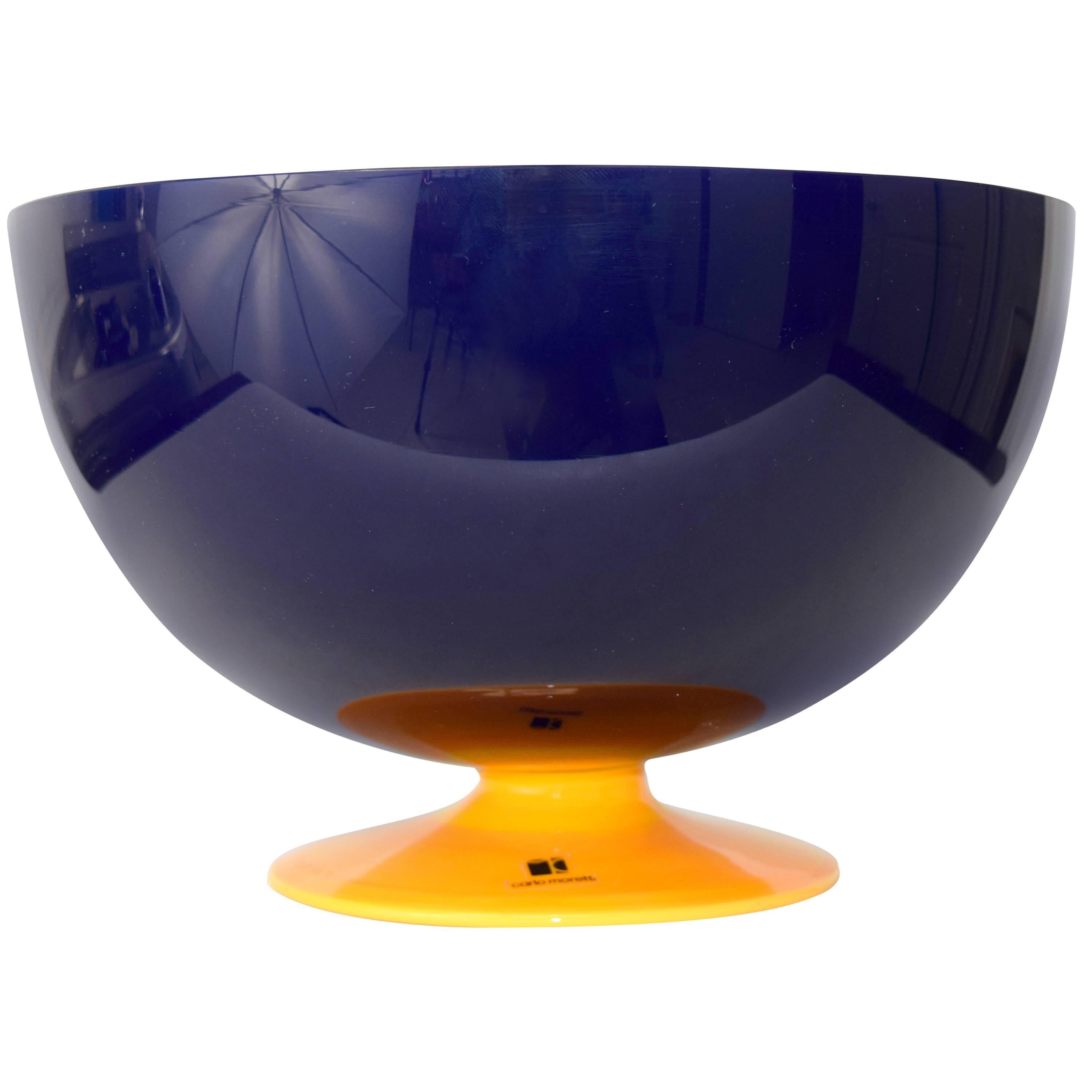Carlo Moretti Cobalt and Orange Glass Footed Bowl
