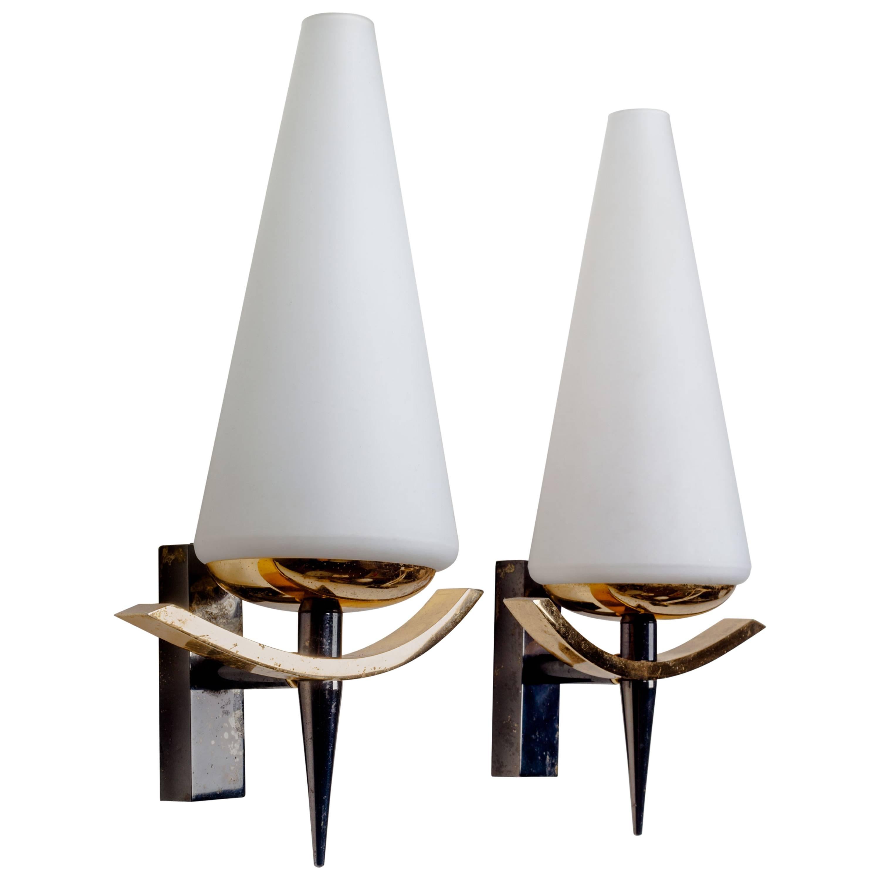 Vintage French Sconces by Arlus with Conic White Glass Shades and Brass, 1950s