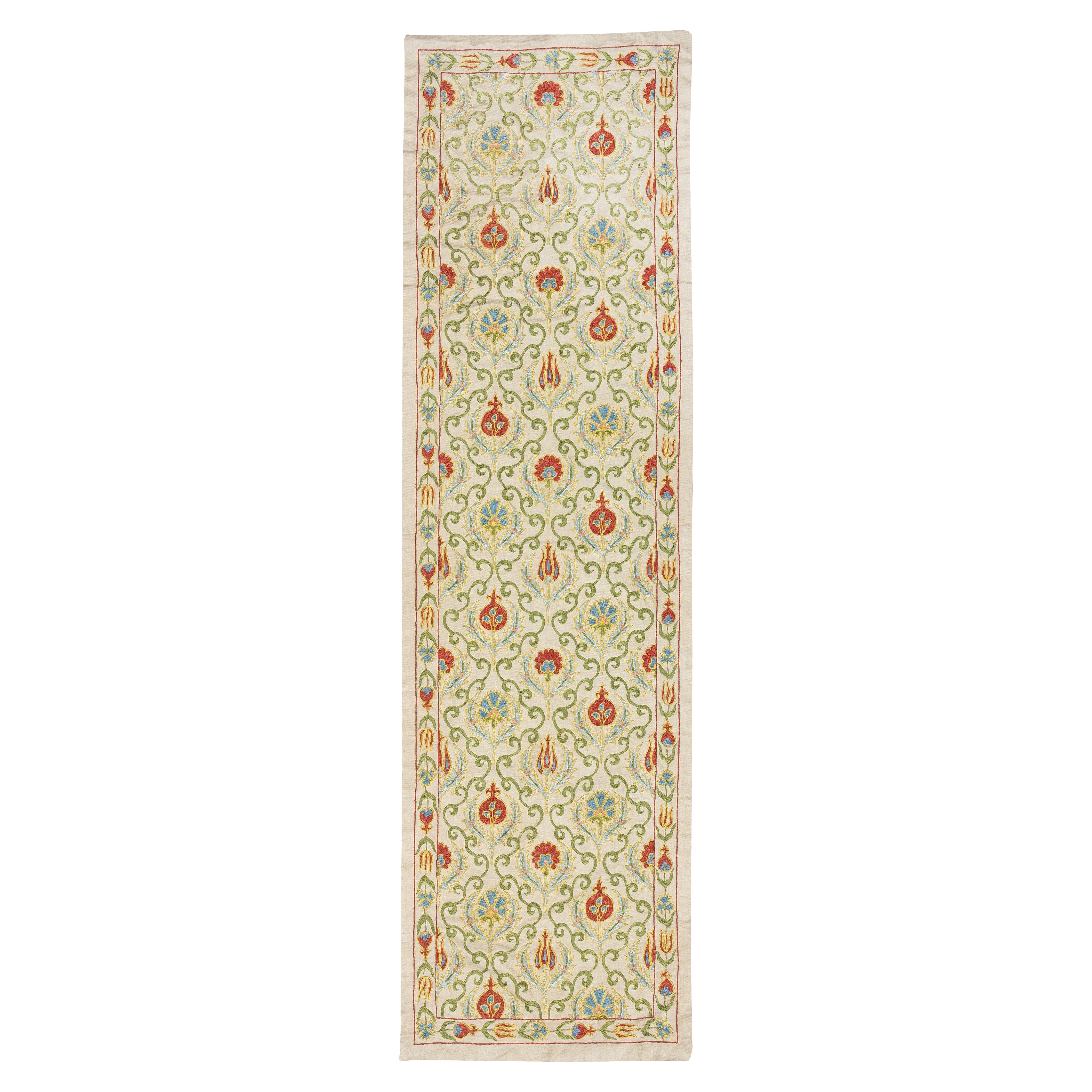 20x68 in 100% Silk Wall Hanging. Embroidered Table Runner. Modern Tablecloth