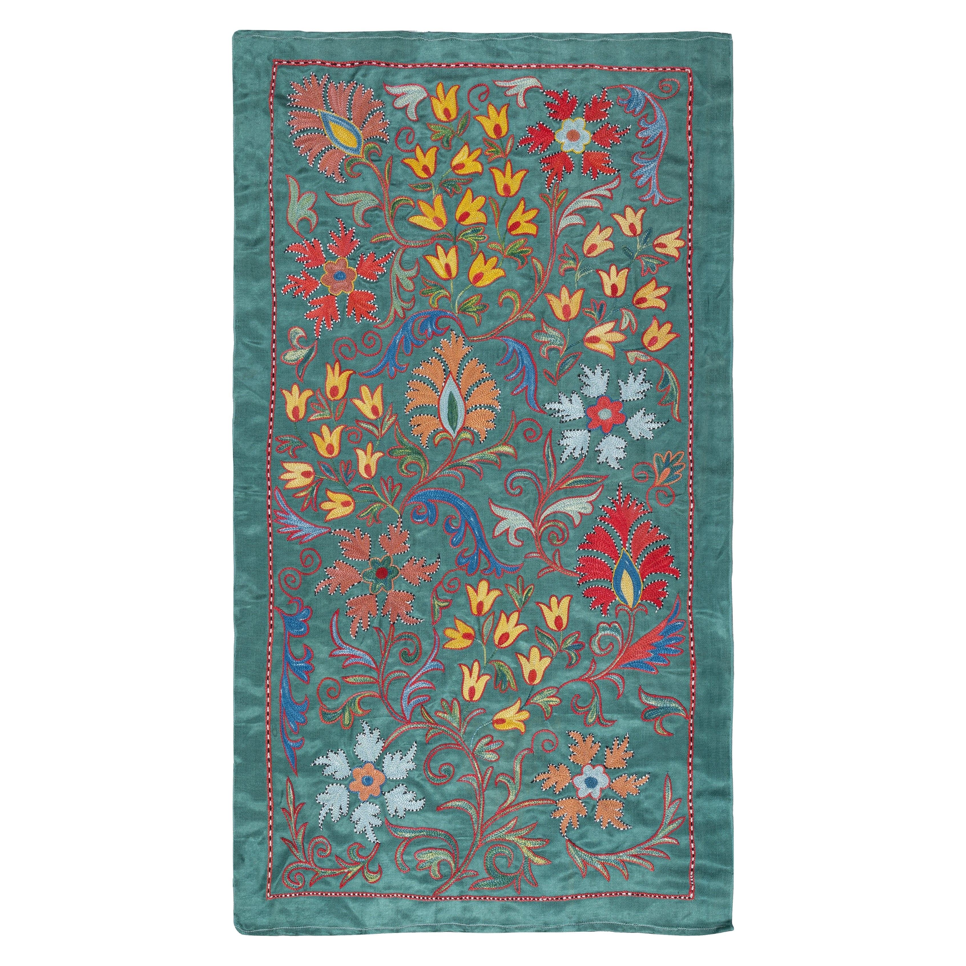 21x37 in Embroidered 100% Silk Wall Hanging. Teal Blue Tablecloth. Wall Decor For Sale