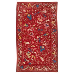 29x49 in Silk Embroidery Wall Hanging. Modern Bed Cover. Red Tablecloth
