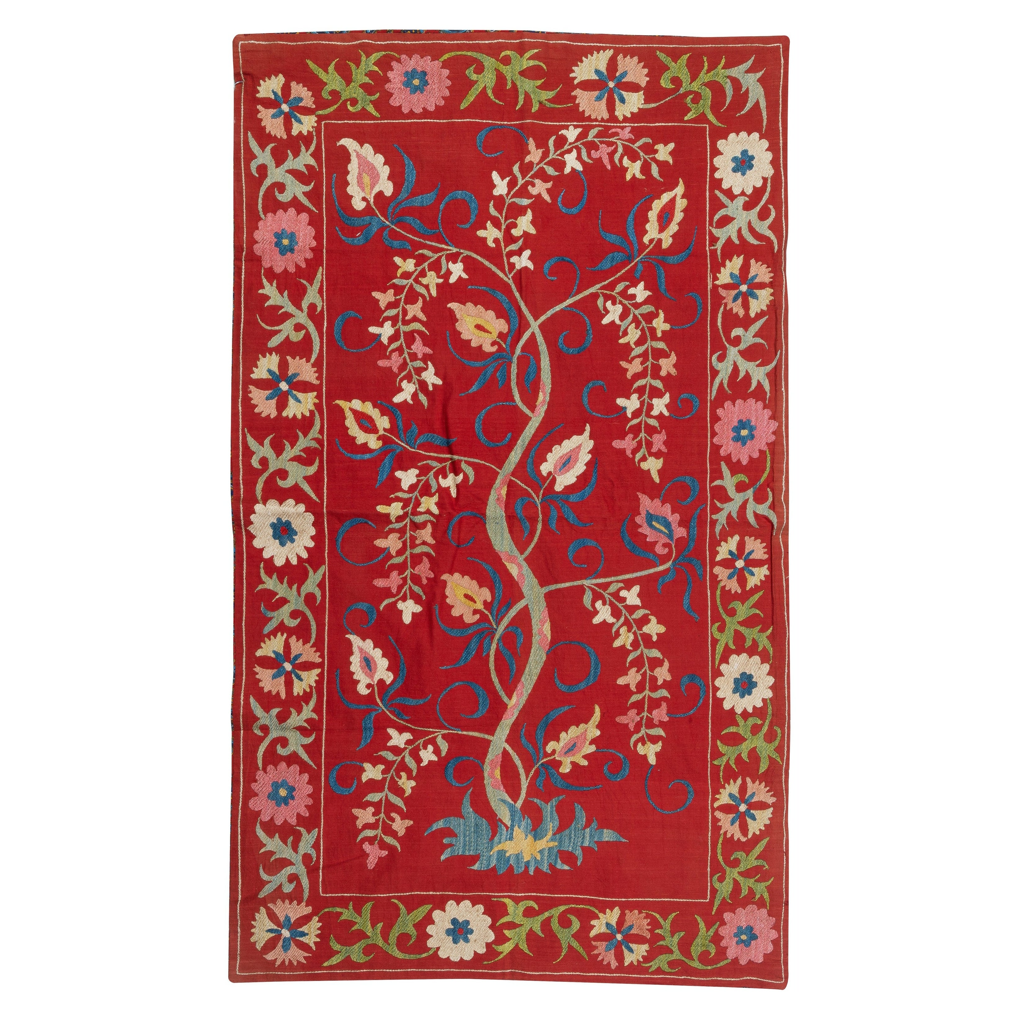 28x47 in Silk Embroidery Wall Hanging. Modern Tapestry. Red Tablecloth. Throw