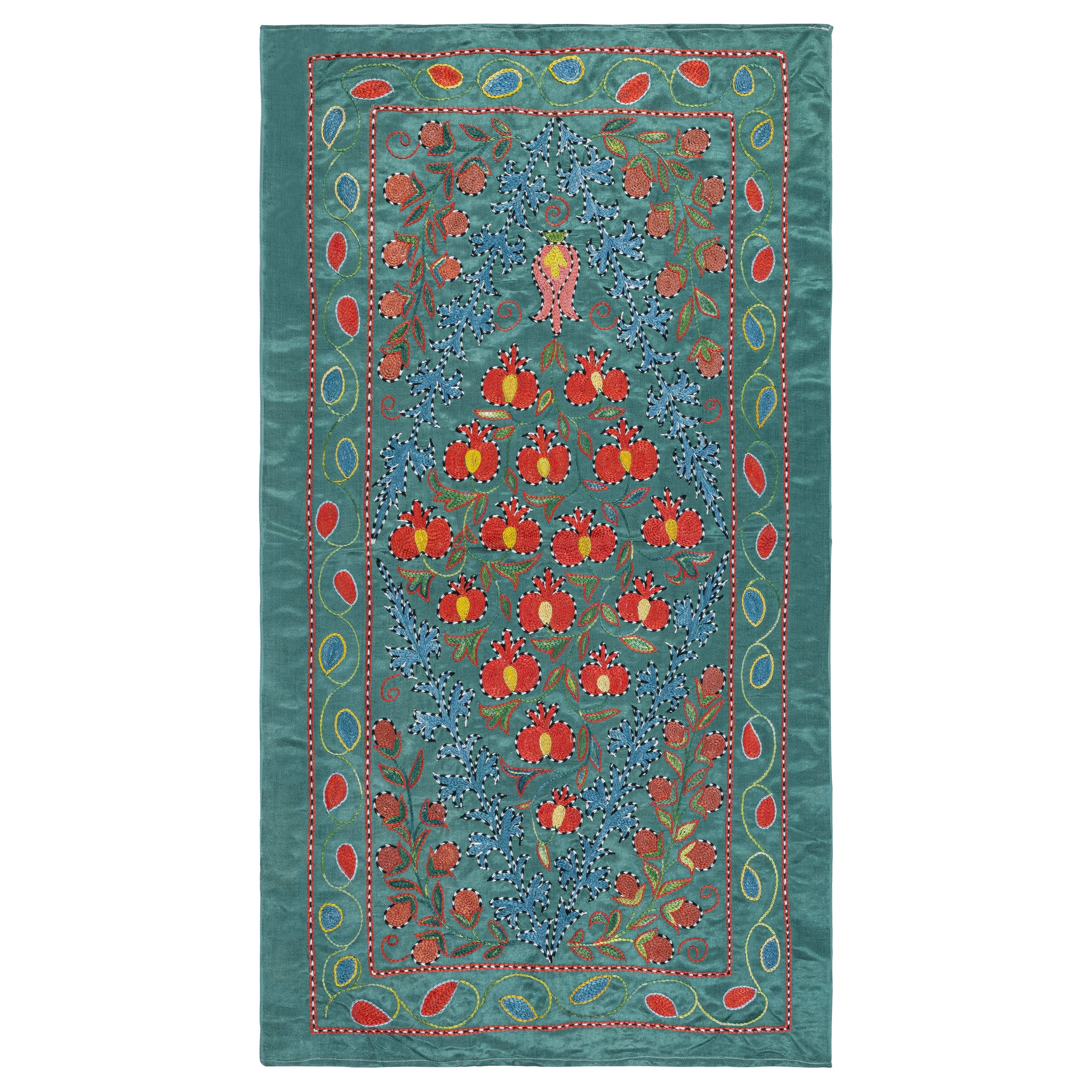 21x38 in Embroidered 100% Silk Wall Hanging, Teal Blue Tablecloth, Wall Decor