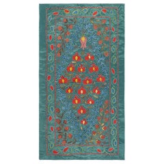 21x38 in Embroidered 100% Silk Wall Hanging, Teal Blue Tablecloth, Wall Decor