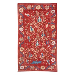 29x47 in Silk Embroidery Wall Hanging. Modern Bed Cover. Red Handmade Tablecloth