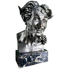Antique French Bronze Bust Sculpture of a Satyr / Faun by Alix Marquet - 1914