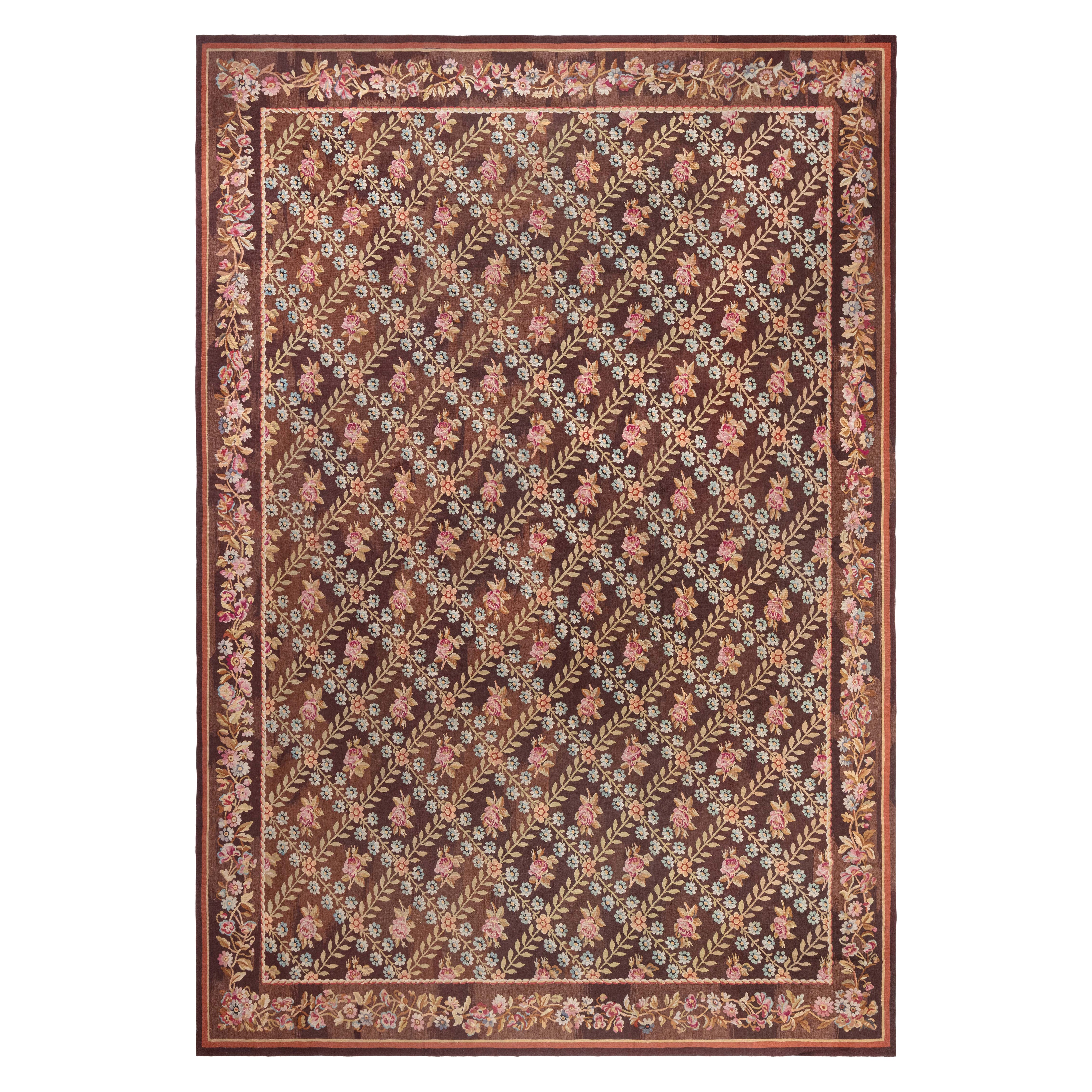 Doris Leslie Blau Antique French Aubusson Brown Botanic Tapis de laine fait main en vente