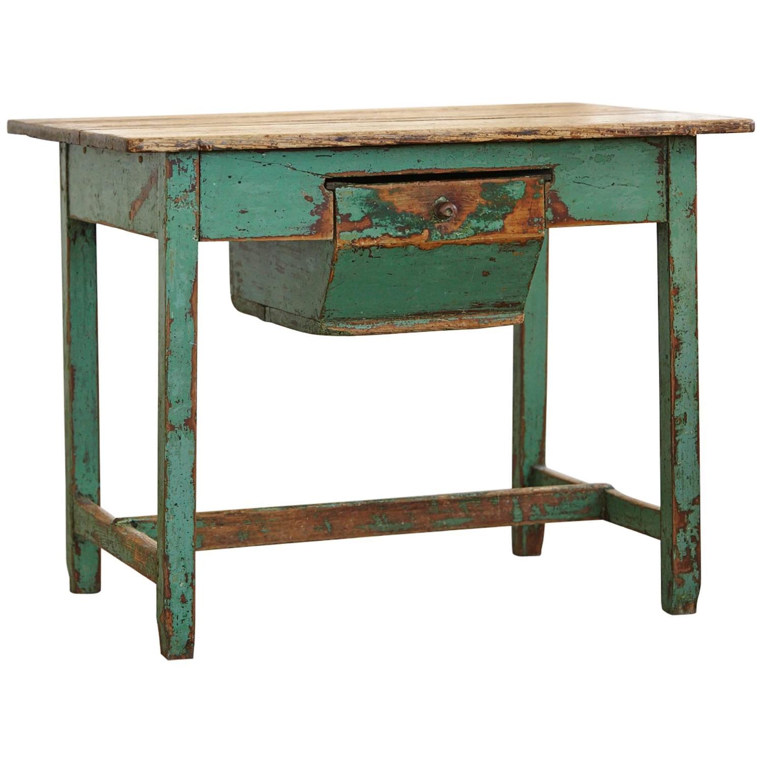 19th Century Primitive Painted Dough Farm Table with Large Drawer For