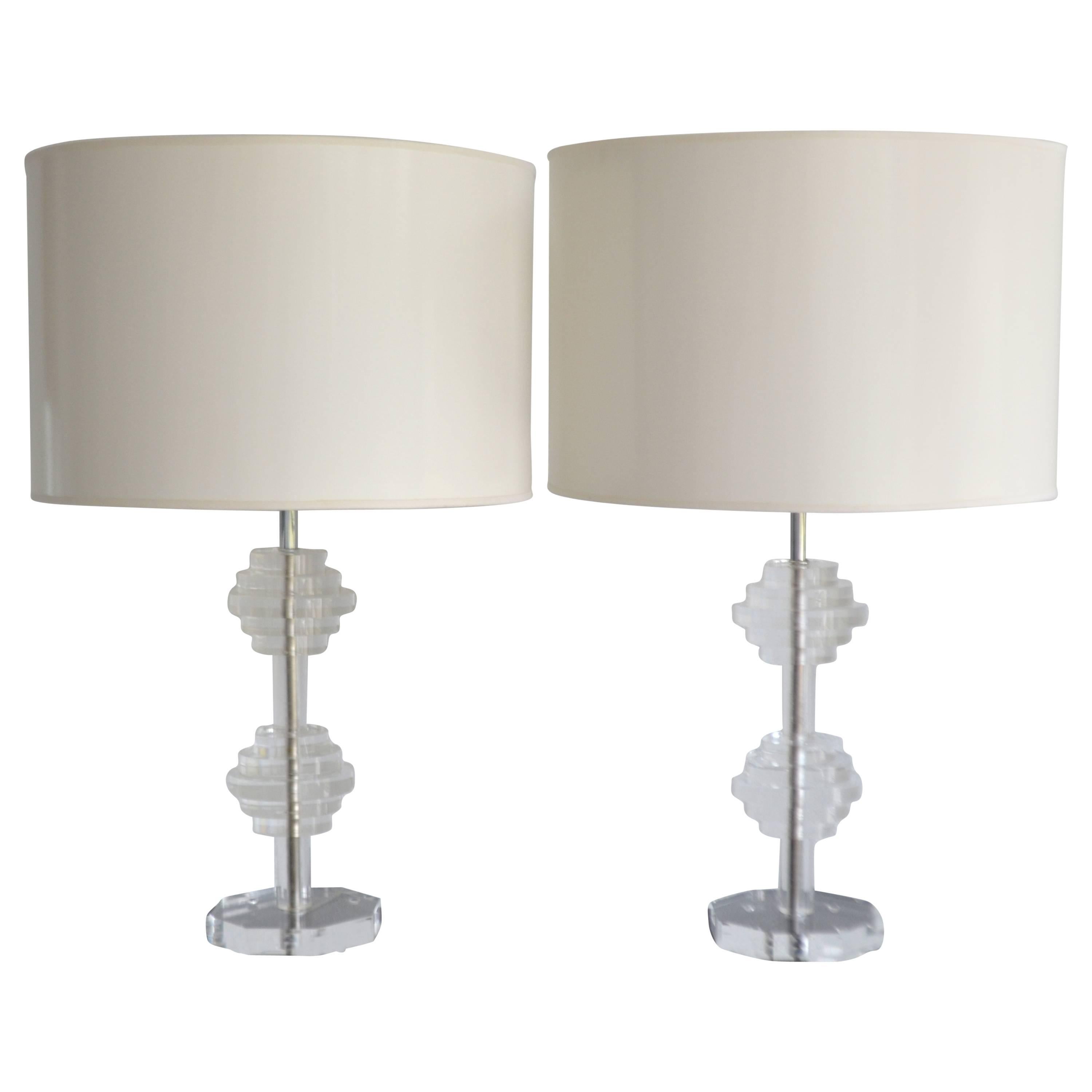 Pair of Midcentury Stepped Clear Lucite Table Lamps