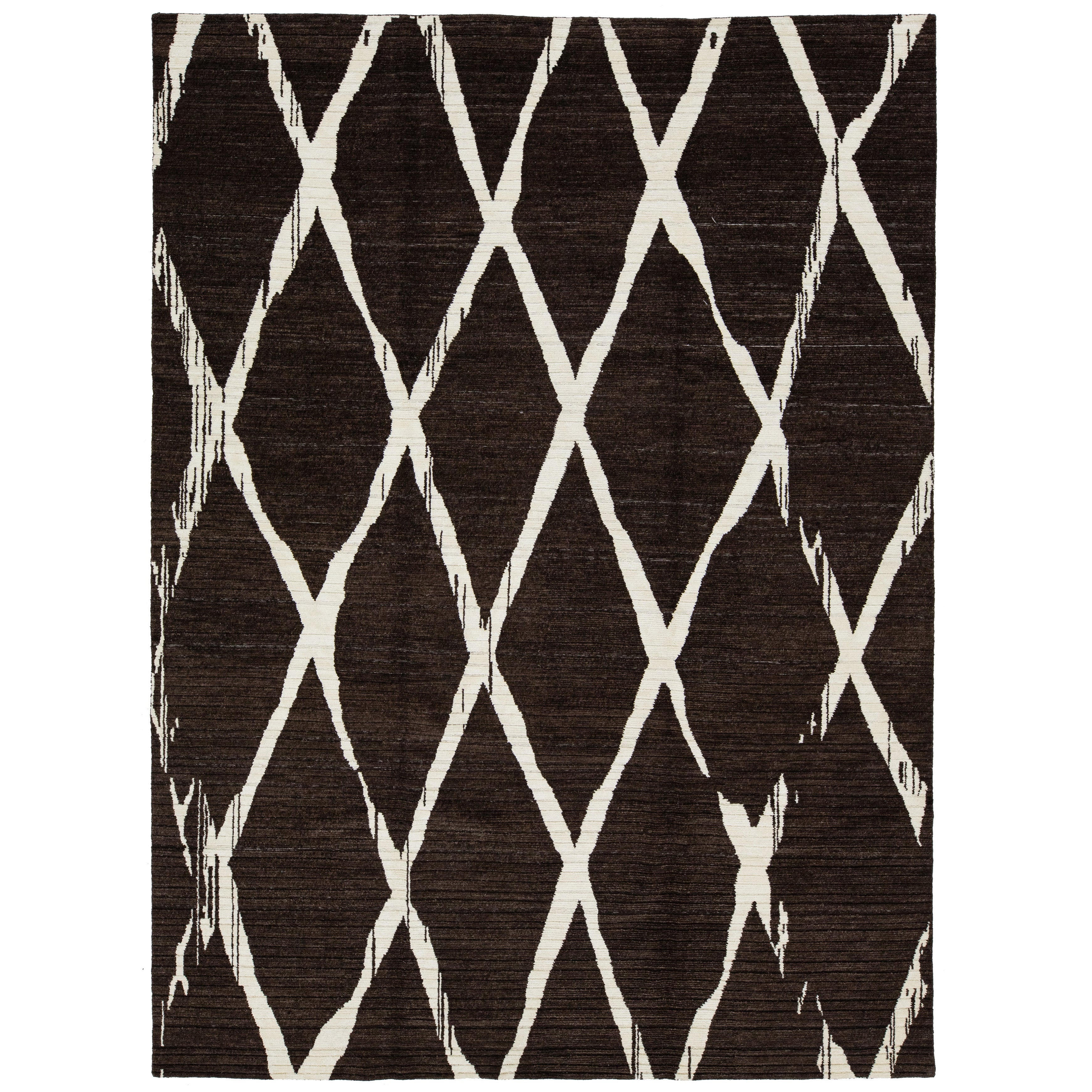 Moderner handgeknüpfter brauner Wollteppich mit geometrischem Design