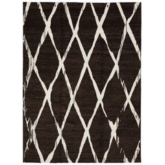 Moderner handgeknüpfter brauner Wollteppich mit geometrischem Design