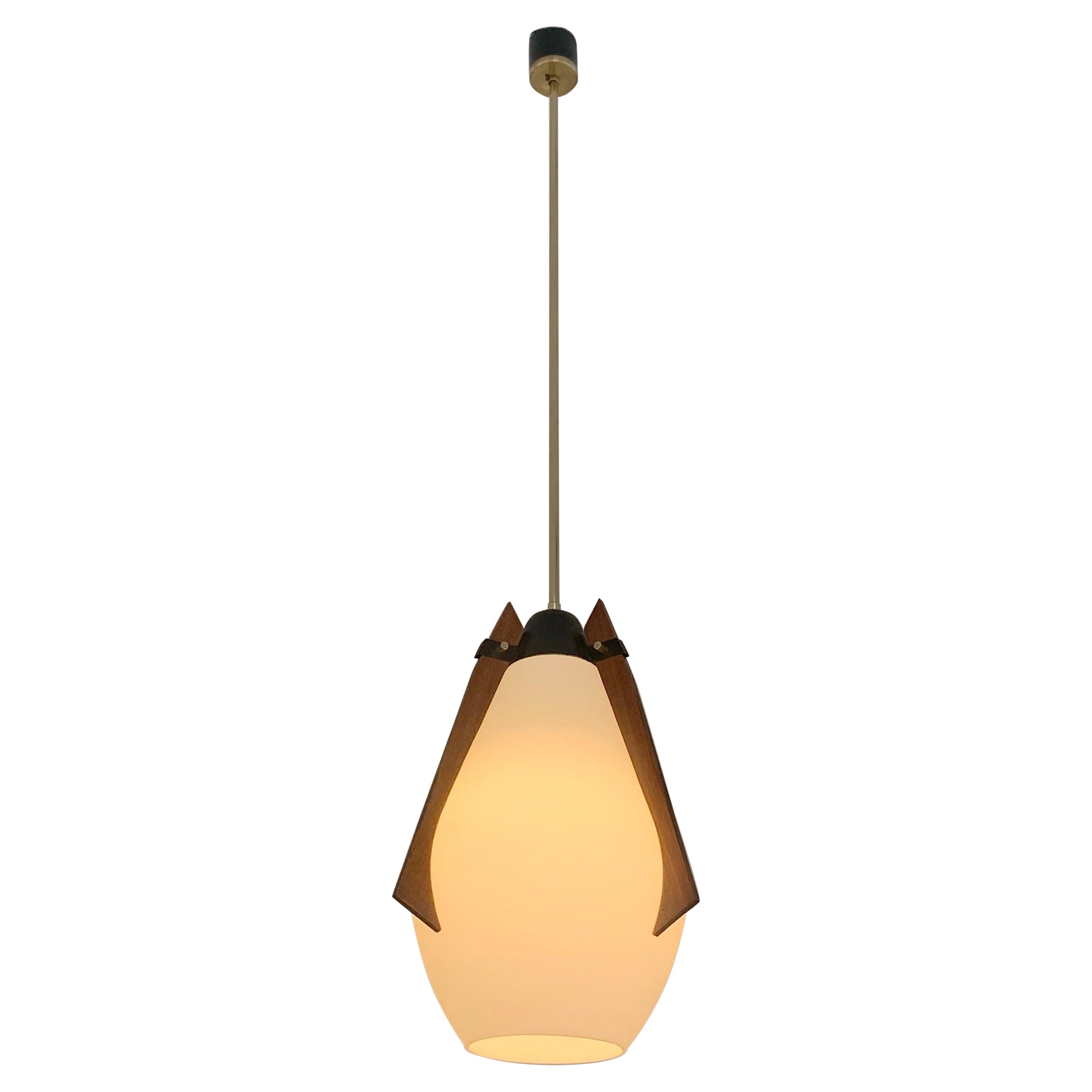 Mid-Century Decorative Teck and Brass Pendant Lamp, circa 1960, Italy. For Sale