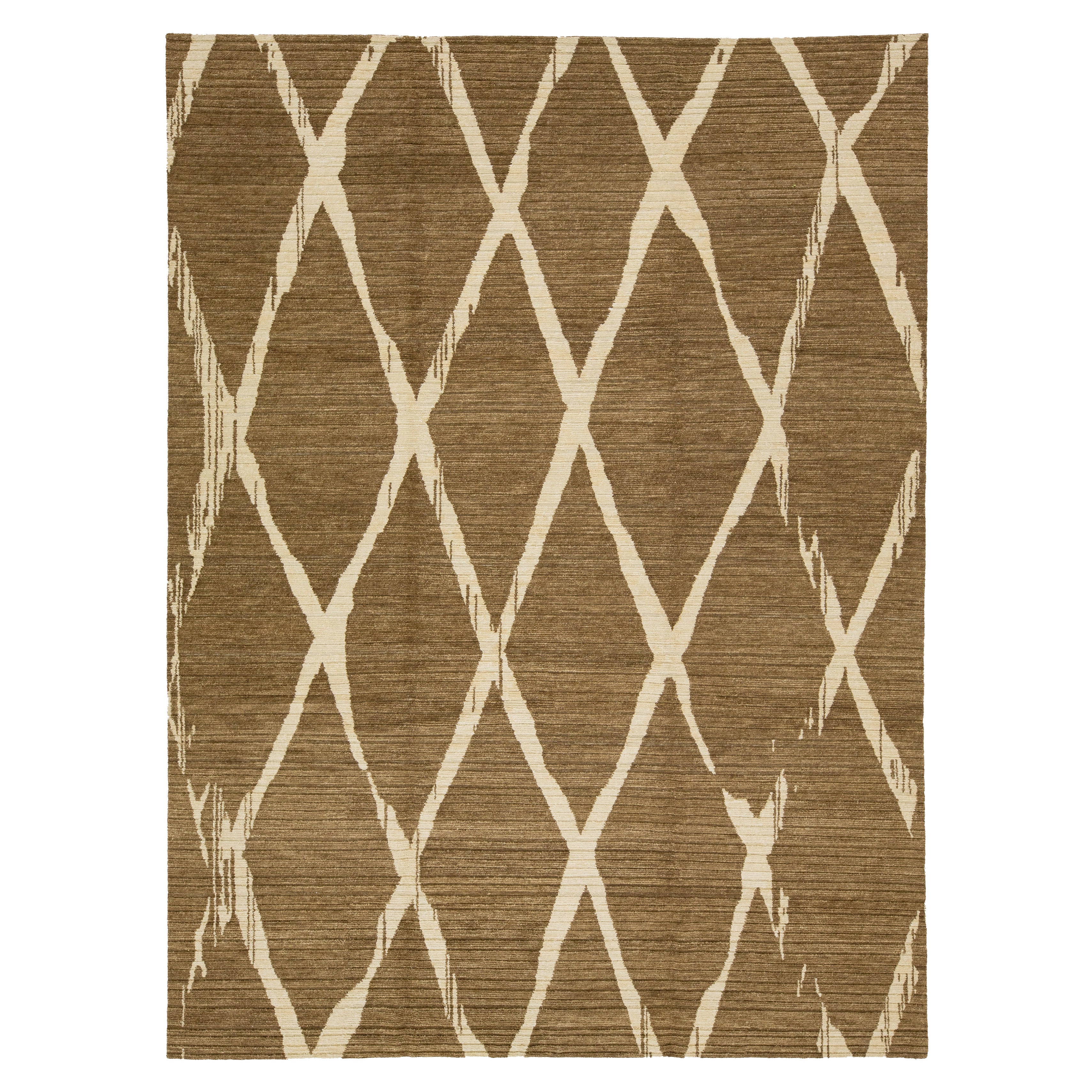 Moderner handgeknüpfter brauner Wollteppich mit geometrischem Design