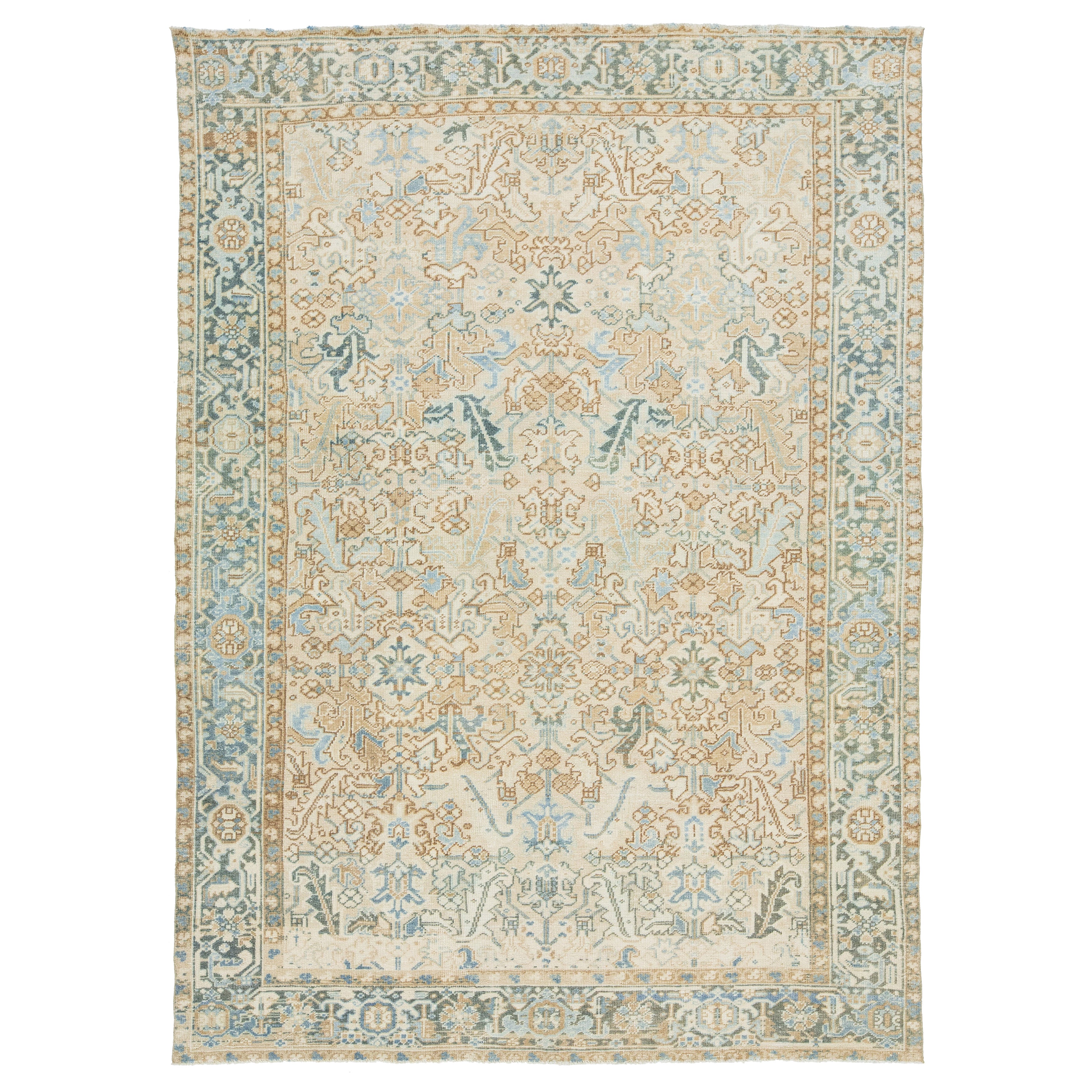 Antique Persian Heriz Wool Rug Handmade In Beige With Allover Pattern