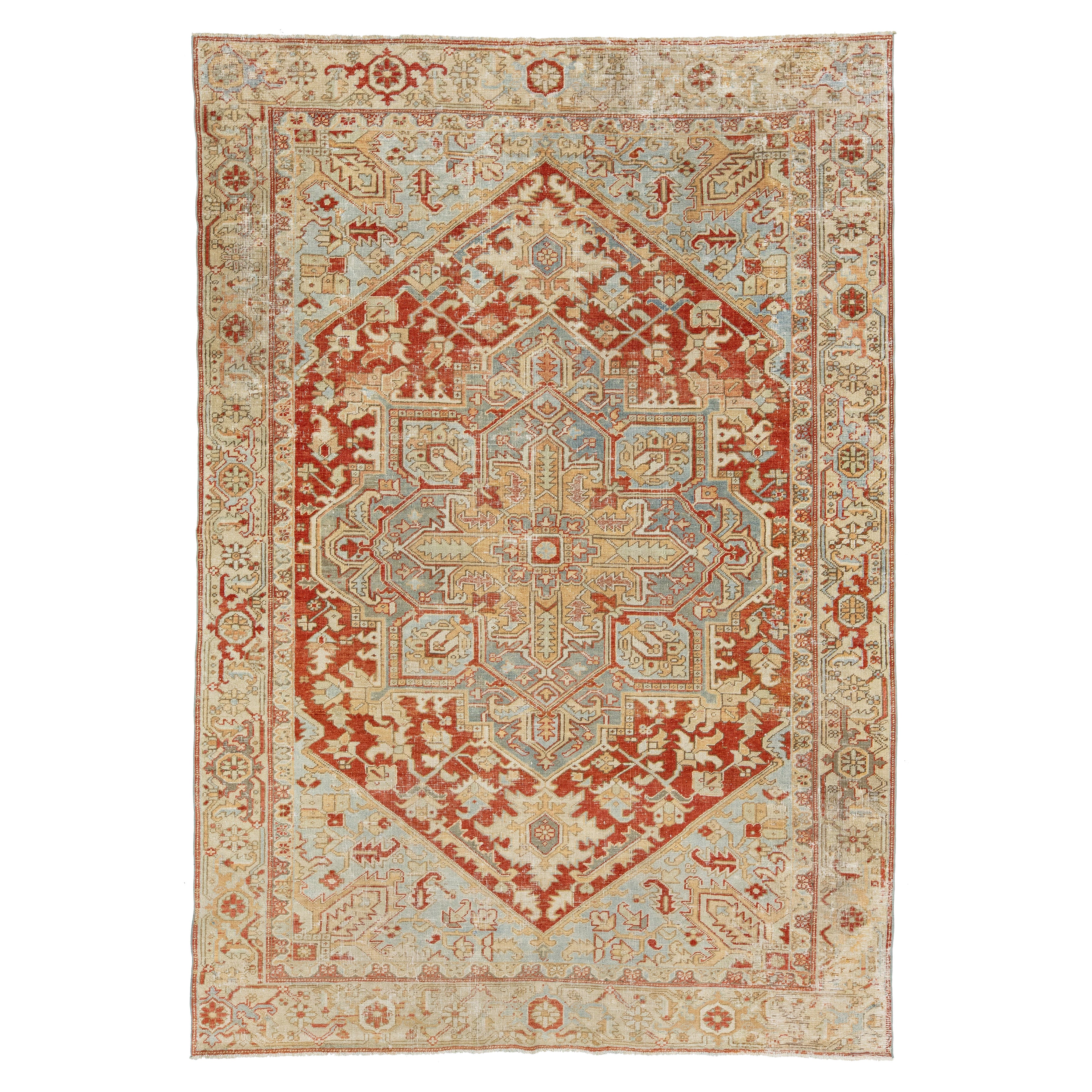 Antique Persian Heriz Wool Rug Handmade In Rust With Medallion Motif