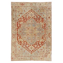 Antique Persian Heriz Wool Rug Handmade In Rust With Medallion Motif
