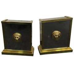 Pair of Two-Tone Versace Style Bookends with Lion Heads